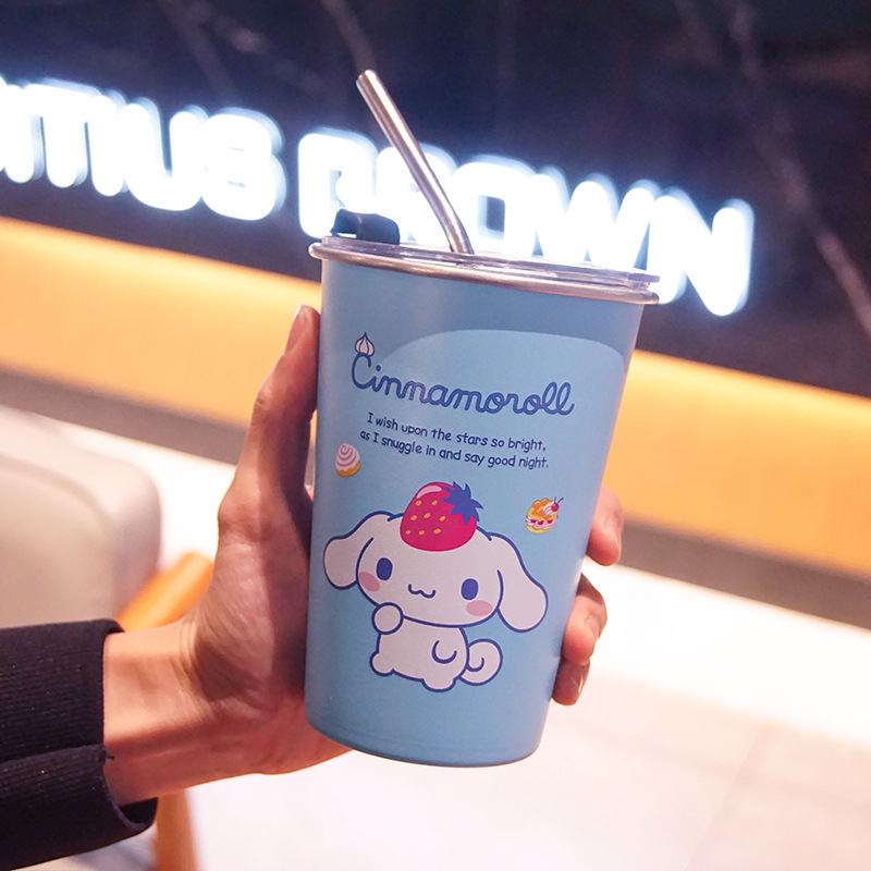 Ceașcă de cafea Melody Kuromi cu capac, în stil Instagram, din oțel inoxidabil 304, pentru camping în aer liber