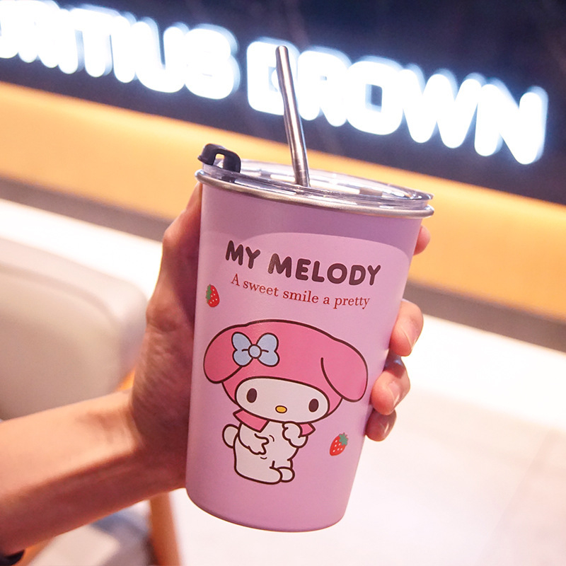 Ceașcă de cafea Melody Kuromi cu capac, în stil Instagram, din oțel inoxidabil 304, pentru camping în aer liber