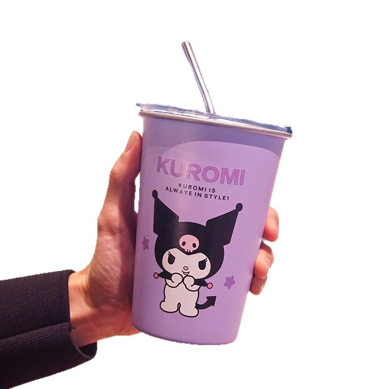 Ceașcă de cafea Melody Kuromi cu capac, în stil Instagram, din oțel inoxidabil 304, pentru camping în aer liber