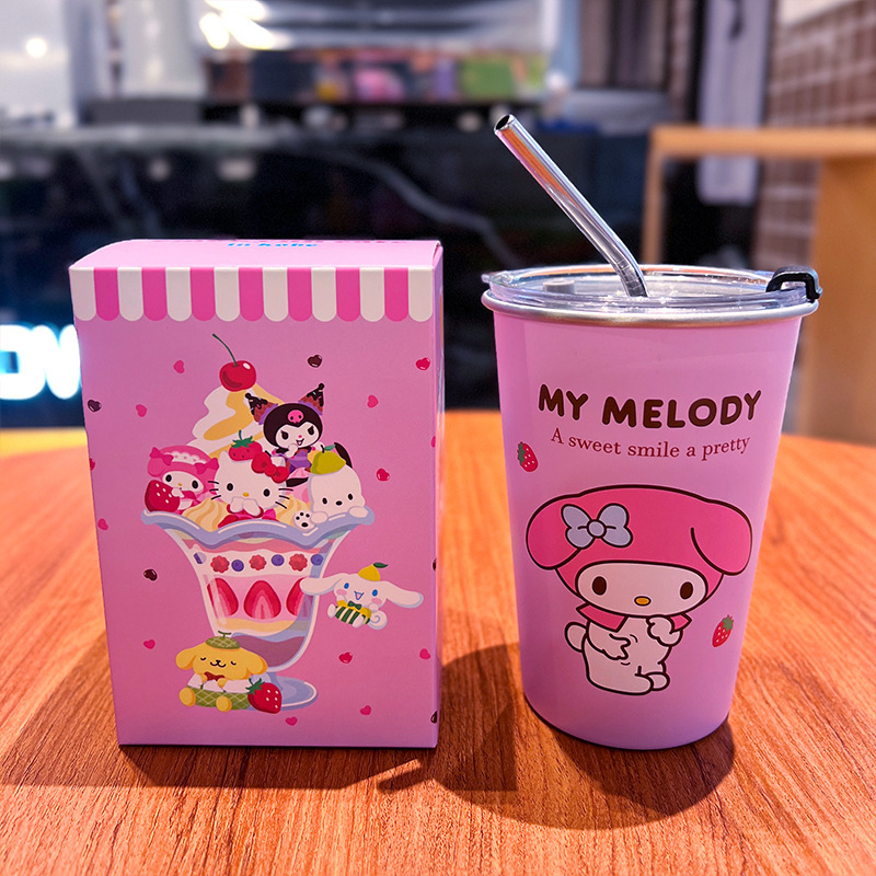 Ceașcă de cafea Melody Kuromi cu capac, în stil Instagram, din oțel inoxidabil 304, pentru camping în aer liber