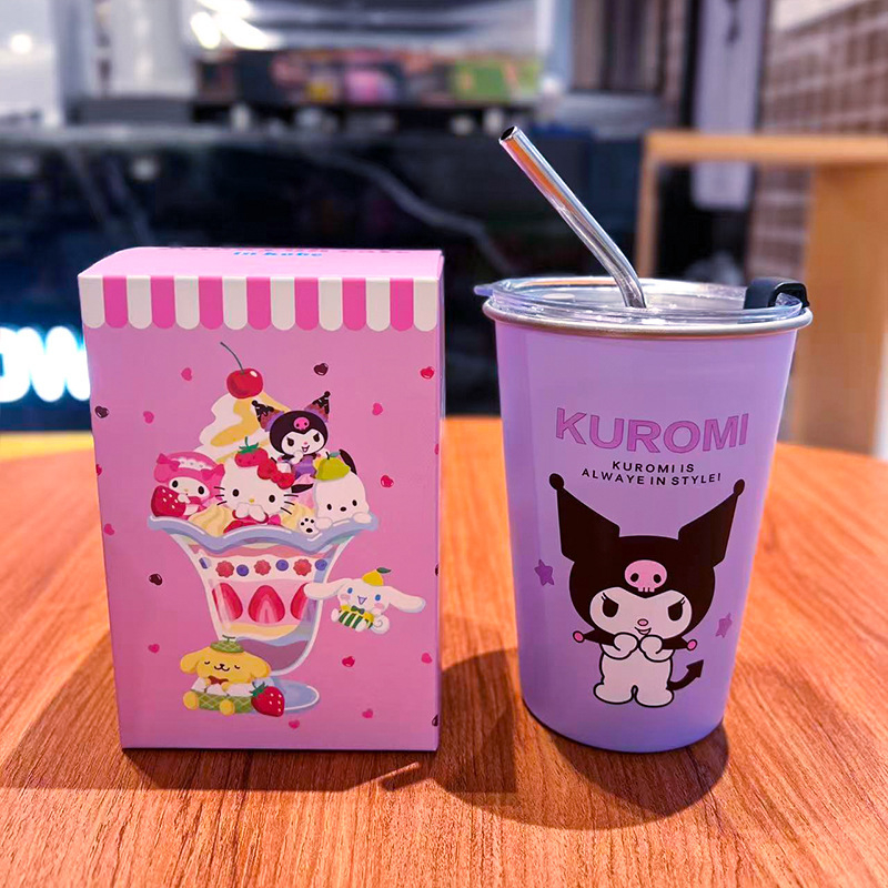 Ceașcă de cafea Melody Kuromi cu capac, în stil Instagram, din oțel inoxidabil 304, pentru camping în aer liber