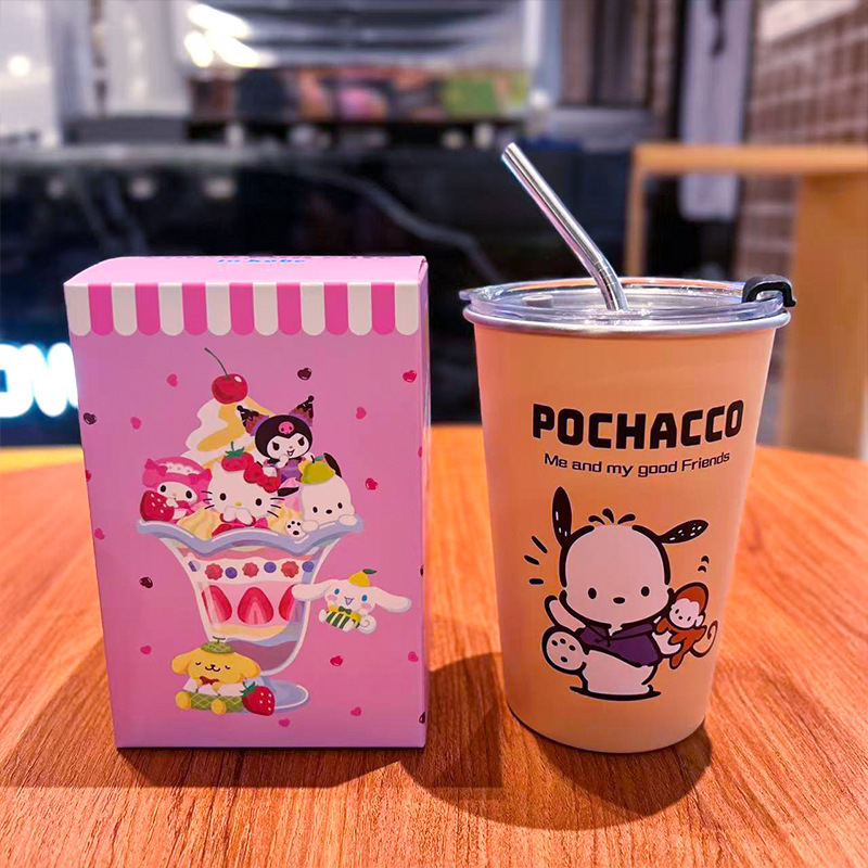 Ceașcă de cafea Melody Kuromi cu capac, în stil Instagram, din oțel inoxidabil 304, pentru camping în aer liber
