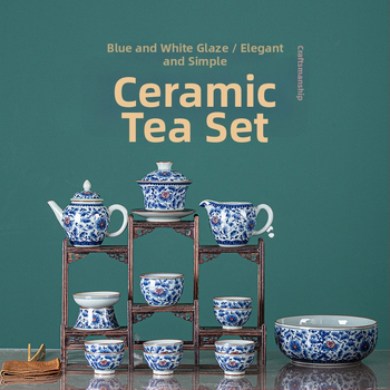 Set de ceai din ceramică cu glazură, stil retro, mare set pentru 6 persoane, cutie cadou