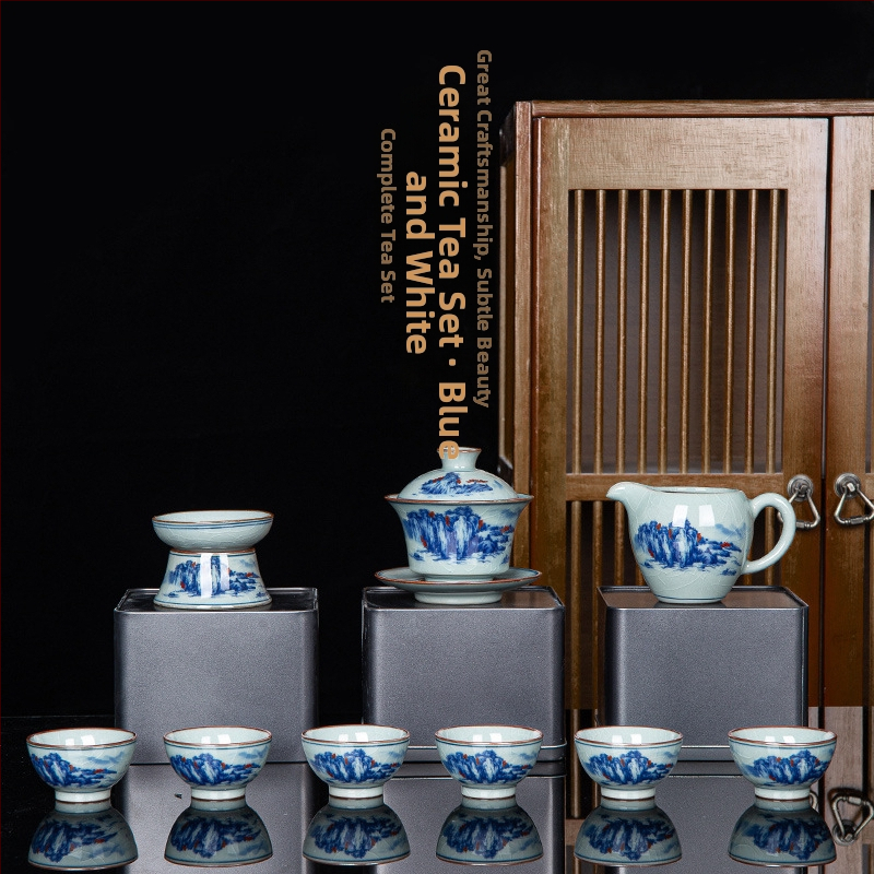 Set de ceai din ceramică cu glazură, stil retro, mare set pentru 6 persoane, cutie cadou