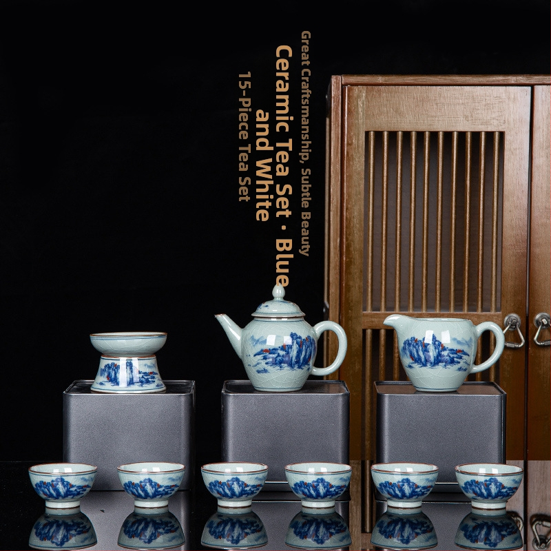 Set de ceai din ceramică cu glazură, stil retro, mare set pentru 6 persoane, cutie cadou