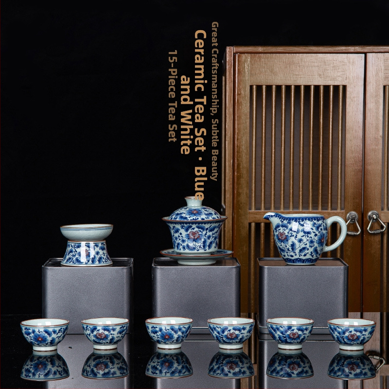 Set de ceai din ceramică cu glazură, stil retro, mare set pentru 6 persoane, cutie cadou