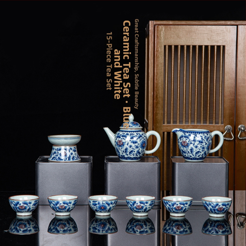 Set de ceai din ceramică cu glazură, stil retro, mare set pentru 6 persoane, cutie cadou