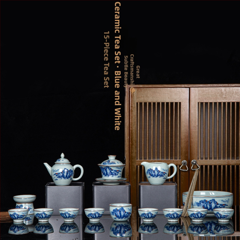 Set de ceai din ceramică cu glazură, stil retro, mare set pentru 6 persoane, cutie cadou