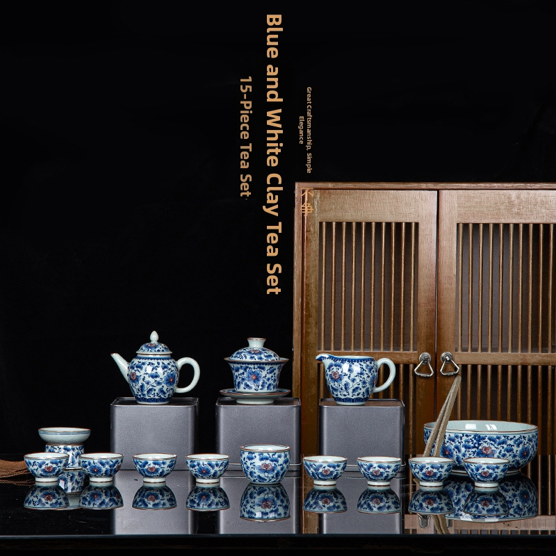 Set de ceai din ceramică cu glazură, stil retro, mare set pentru 6 persoane, cutie cadou