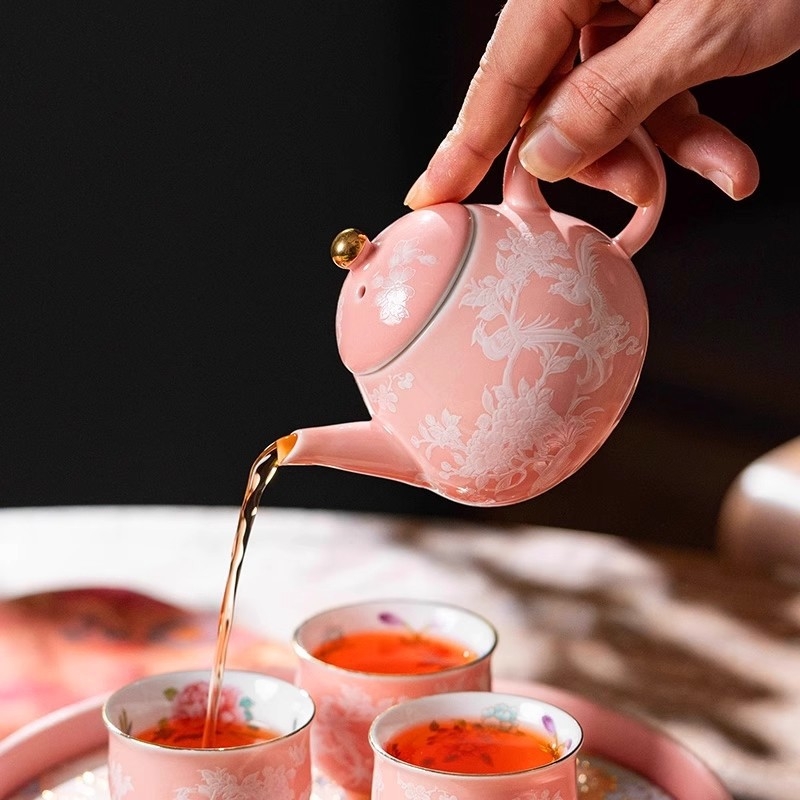 Set gaiwan cu ceașcă, 3 piese, pastel decor, pentru femei