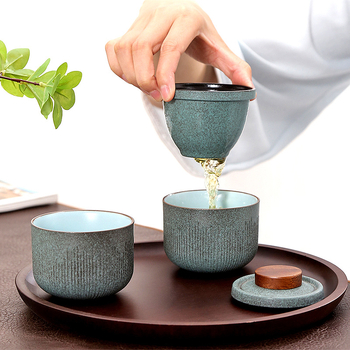 Set ceramic de ceai pentru călătorii, cu o ceainică și două cești, design în dungi, stil japonez, mini, portabil pentru exterior