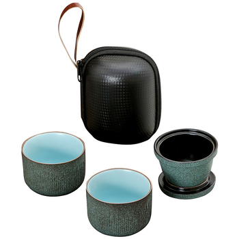 Set ceramic de ceai pentru călătorii, cu o ceainică și două cești, design în dungi, stil japonez, mini, portabil pentru exterior