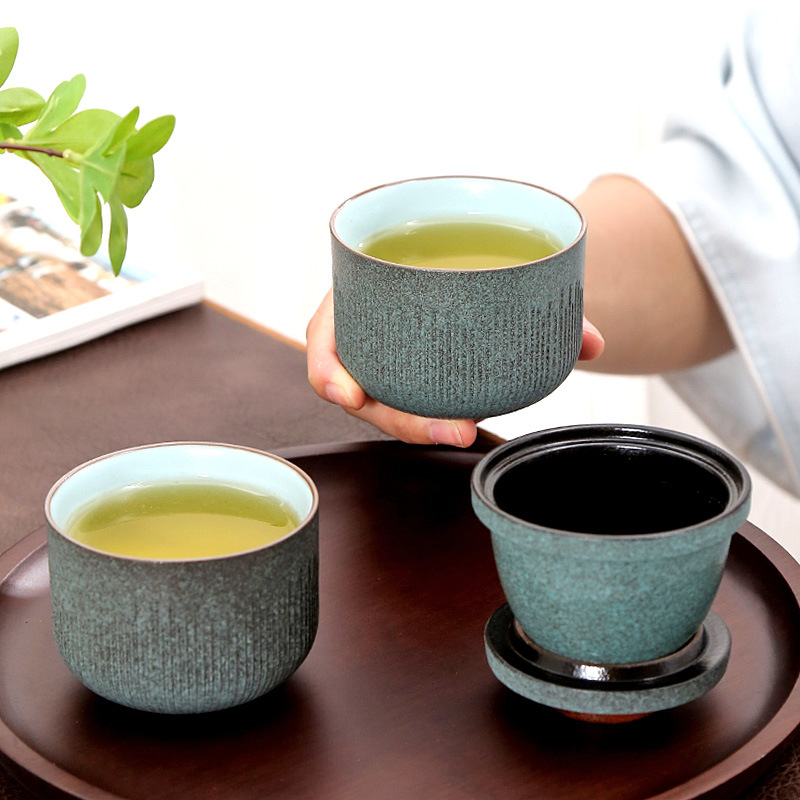 Set ceramic de ceai pentru călătorii, cu o ceainică și două cești, design în dungi, stil japonez, mini, portabil pentru exterior