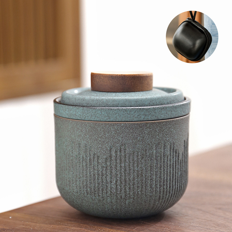Set ceramic de ceai pentru călătorii, cu o ceainică și două cești, design în dungi, stil japonez, mini, portabil pentru exterior