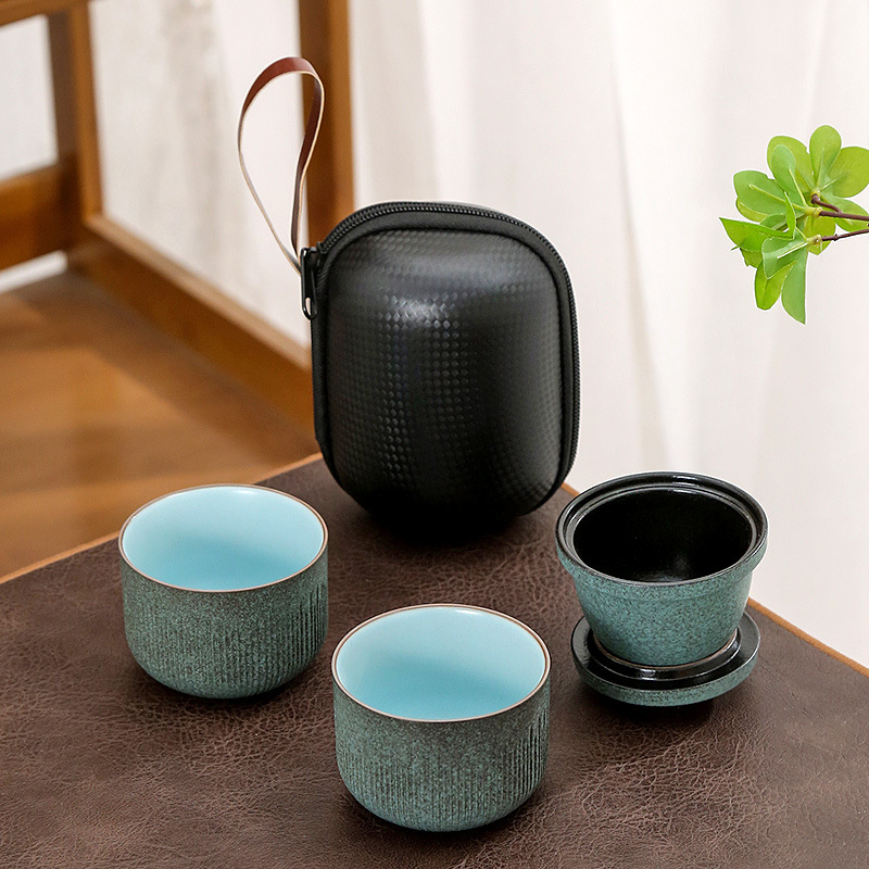 Set ceramic de ceai pentru călătorii, cu o ceainică și două cești, design în dungi, stil japonez, mini, portabil pentru exterior