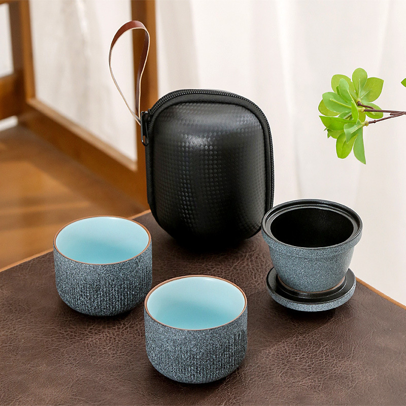Set ceramic de ceai pentru călătorii, cu o ceainică și două cești, design în dungi, stil japonez, mini, portabil pentru exterior