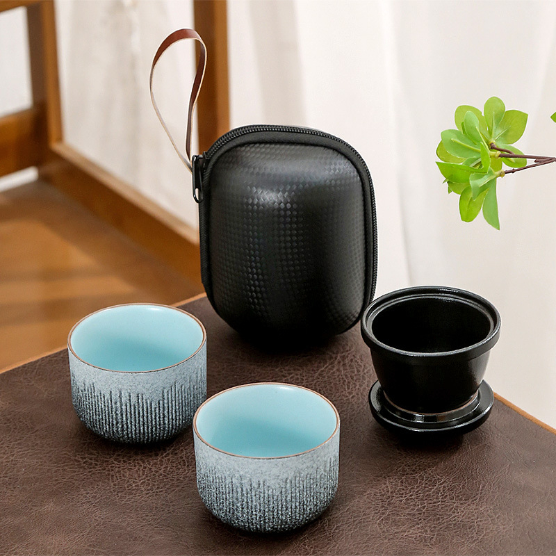 Set ceramic de ceai pentru călătorii, cu o ceainică și două cești, design în dungi, stil japonez, mini, portabil pentru exterior