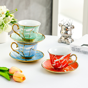Cească de cafea din ceramică cu farfurie, margine aurie, glazură craquelé, stil vintage, pentru uz casnic