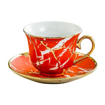 Cească de cafea din ceramică cu farfurie, margine aurie, glazură craquelé, stil vintage, pentru uz casnic