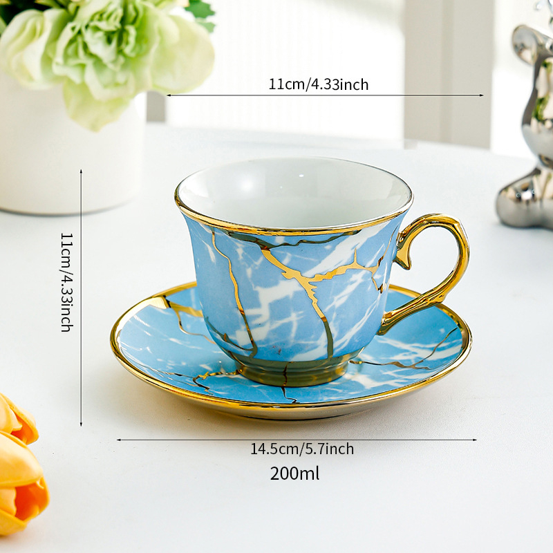 Cească de cafea din ceramică cu farfurie, margine aurie, glazură craquelé, stil vintage, pentru uz casnic