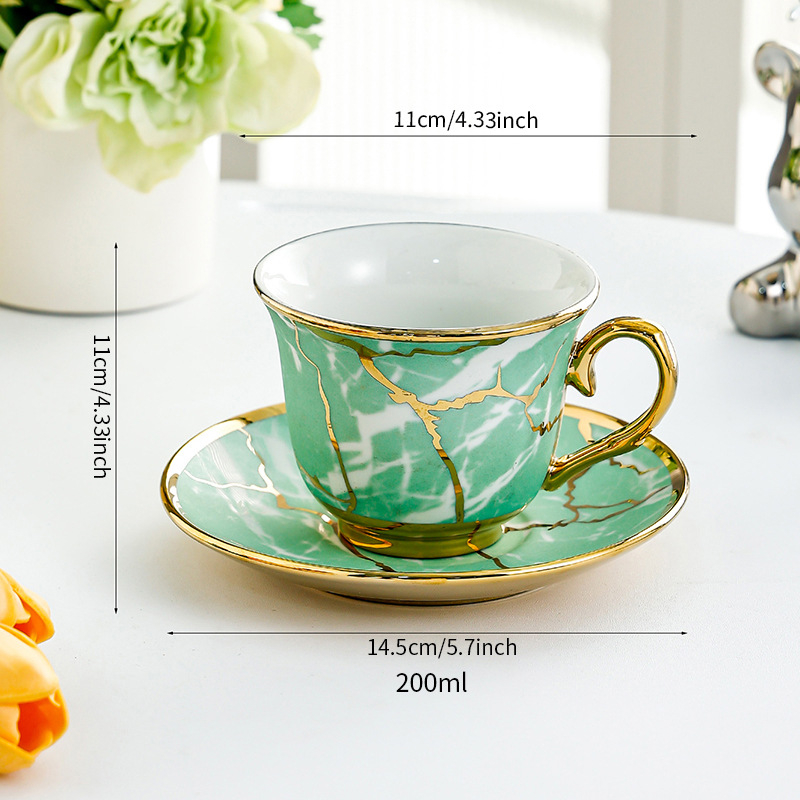 Cească de cafea din ceramică cu farfurie, margine aurie, glazură craquelé, stil vintage, pentru uz casnic