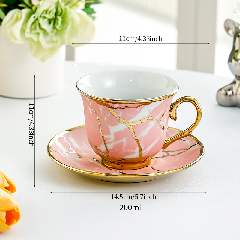 Cească de cafea din ceramică cu farfurie, margine aurie, glazură craquelé, stil vintage, pentru uz casnic