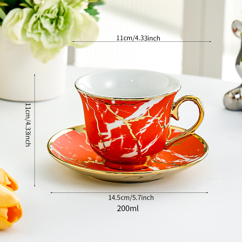 Cească de cafea din ceramică cu farfurie, margine aurie, glazură craquelé, stil vintage, pentru uz casnic
