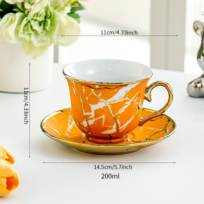 Cească de cafea din ceramică cu farfurie, margine aurie, glazură craquelé, stil vintage, pentru uz casnic