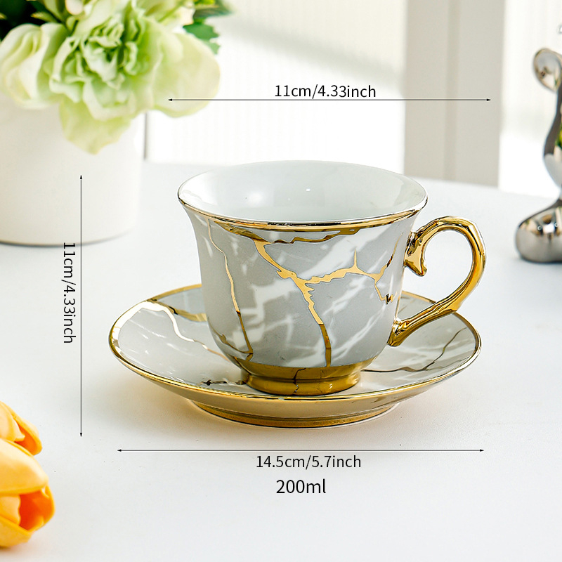Cească de cafea din ceramică cu farfurie, margine aurie, glazură craquelé, stil vintage, pentru uz casnic