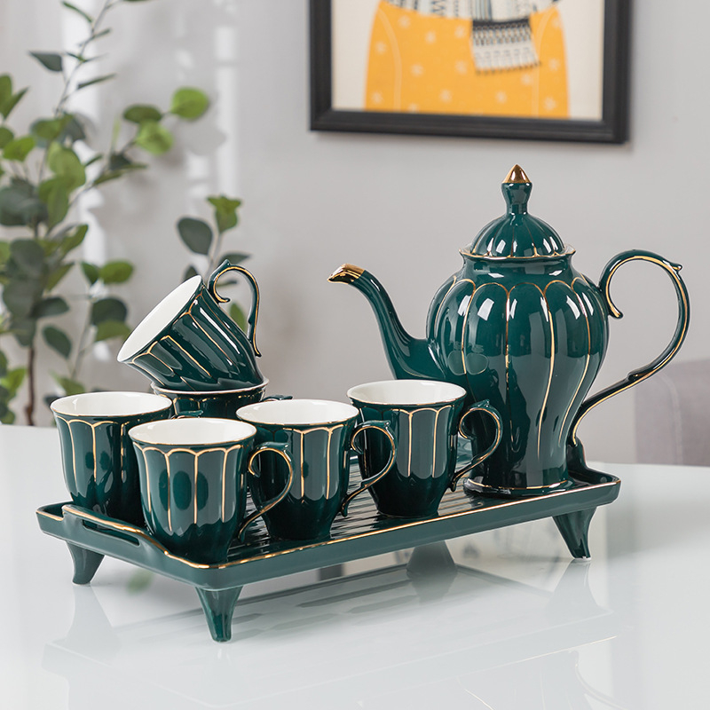 Set Gongfu de ceai din porțelan, glazură verde și aur pictat manual, include tavă de ceai, cutie cadou portabilă pentru călătorii, pentru 3-5 persoane, capacitate 260-1350 ml