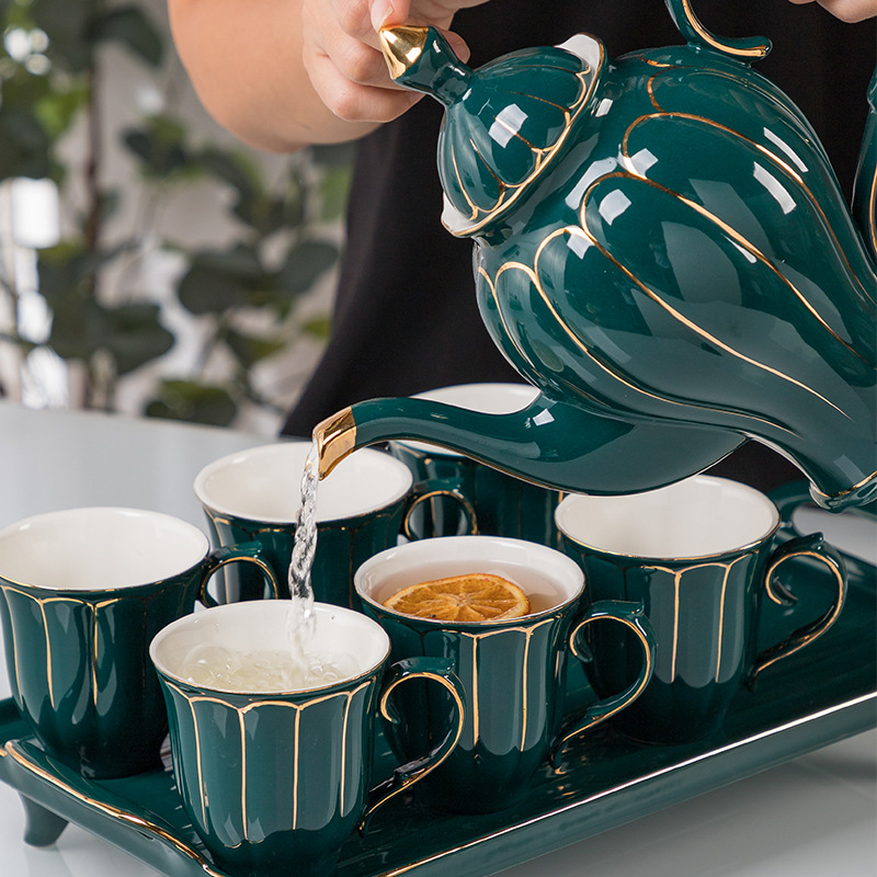 Set Gongfu de ceai din porțelan, glazură verde și aur pictat manual, include tavă de ceai, cutie cadou portabilă pentru călătorii, pentru 3-5 persoane, capacitate 260-1350 ml