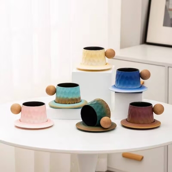 Set ceramic cești și farfurioară pentru birou – stil vintage minimalist, pentru cafea și ceai de după-amiază