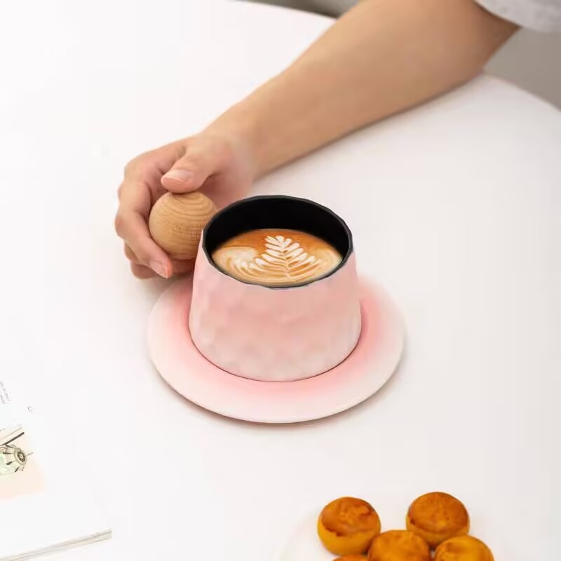 Set ceramic cești și farfurioară pentru birou – stil vintage minimalist, pentru cafea și ceai de după-amiază