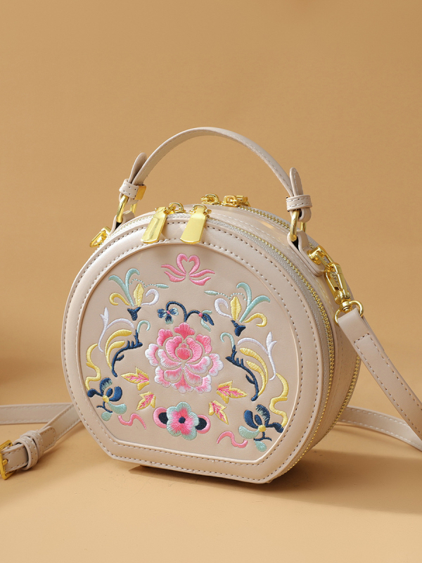 Ženska torba s izvezenim uzorkom u Guofeng stilu, okrugla mala torba za nošenje preko ramena ili crossbody