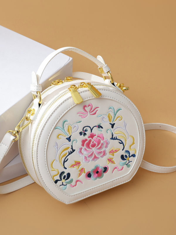 Ženska torba s izvezenim uzorkom u Guofeng stilu, okrugla mala torba za nošenje preko ramena ili crossbody