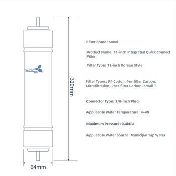 Sooel filtru de apă comercial, 11 inchi, stil coreean, conexiune rapidă, set cartușe: cărbune activ T33 mare, PP bumbac și filtru T33 frontal mic