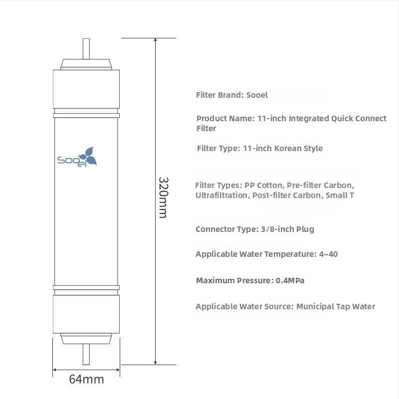 Sooel filtru de apă comercial, 11 inchi, stil coreean, conexiune rapidă, set cartușe: cărbune activ T33 mare, PP bumbac și filtru T33 frontal mic