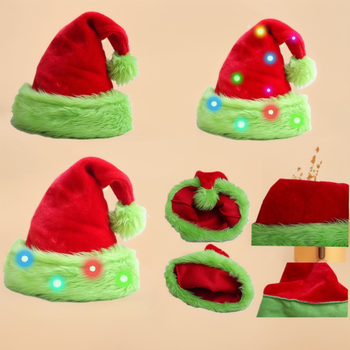 Pălărie de Crăciun din material textil, dublu strat, verde neon, cu accente decorative roșii