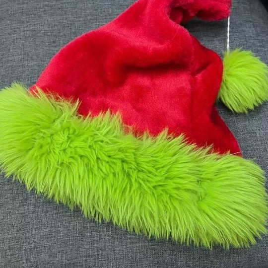 Pălărie de Crăciun din material textil, dublu strat, verde neon, cu accente decorative roșii