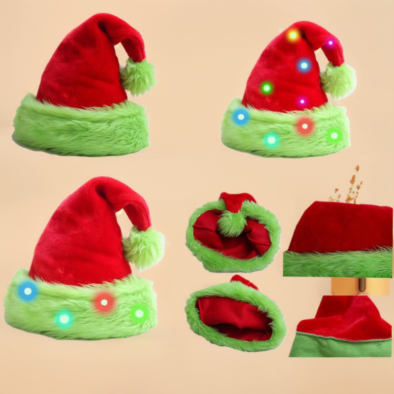 Pălărie de Crăciun din material textil, dublu strat, verde neon, cu accente decorative roșii
