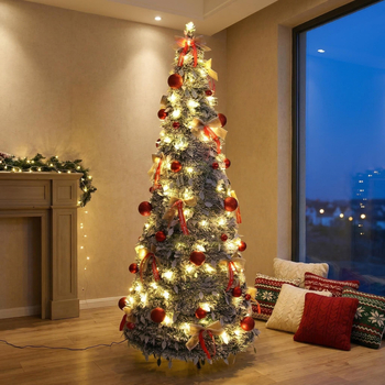 Brad de Crăciun în stil pagodă, pliabil și extensibil, cu lumini, acoperit de zăpadă, pentru decor interior și exterior, înălțime 180 cm
