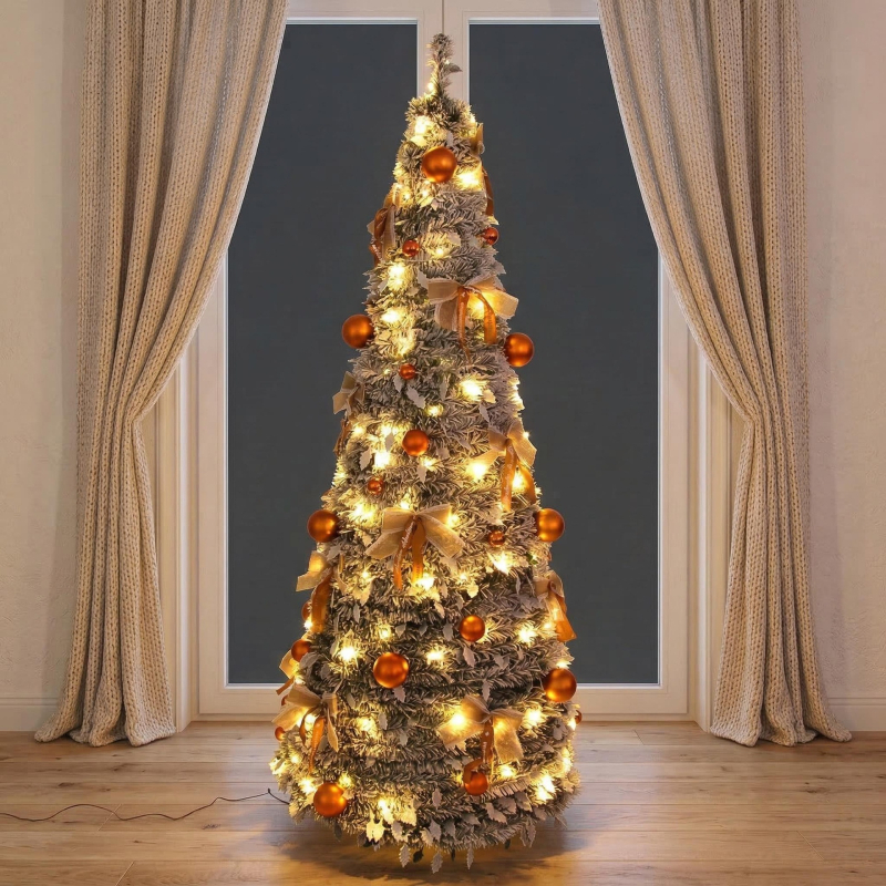 Brad de Crăciun în stil pagodă, pliabil și extensibil, cu lumini, acoperit de zăpadă, pentru decor interior și exterior, înălțime 180 cm