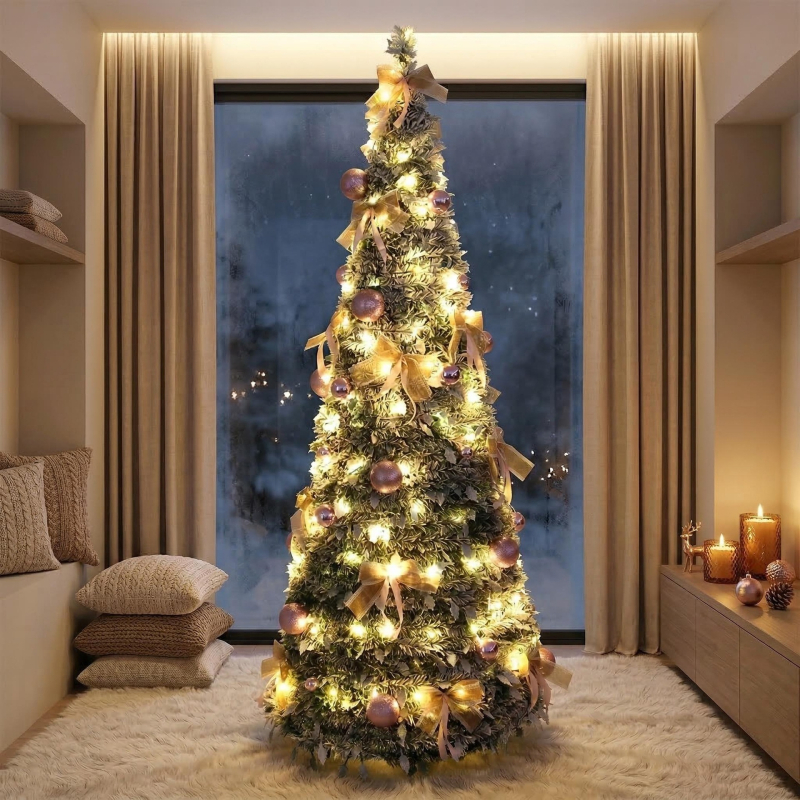 Brad de Crăciun în stil pagodă, pliabil și extensibil, cu lumini, acoperit de zăpadă, pentru decor interior și exterior, înălțime 180 cm