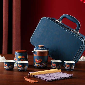 Set de ceai ceramic Kung Fu în cutie cadou, pentru călătorii, siglă imprimată, design albastru-alb