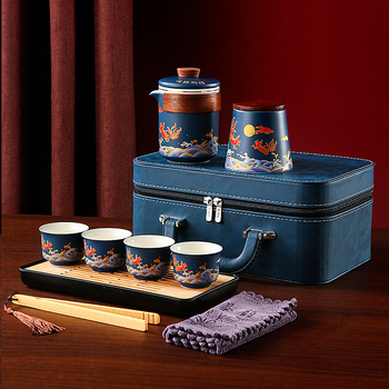 Set de ceai ceramic Kung Fu în cutie cadou, pentru călătorii, siglă imprimată, design albastru-alb