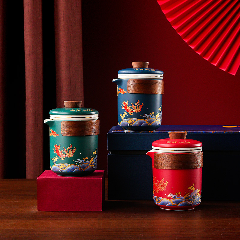 Set de ceai ceramic Kung Fu în cutie cadou, pentru călătorii, siglă imprimată, design albastru-alb