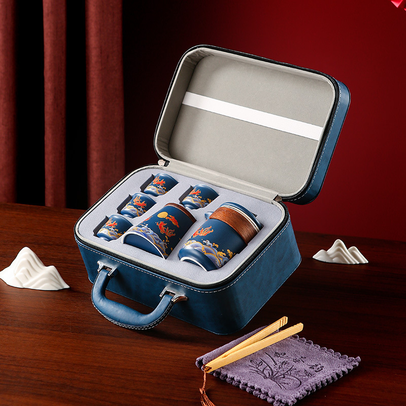 Set de ceai ceramic Kung Fu în cutie cadou, pentru călătorii, siglă imprimată, design albastru-alb
