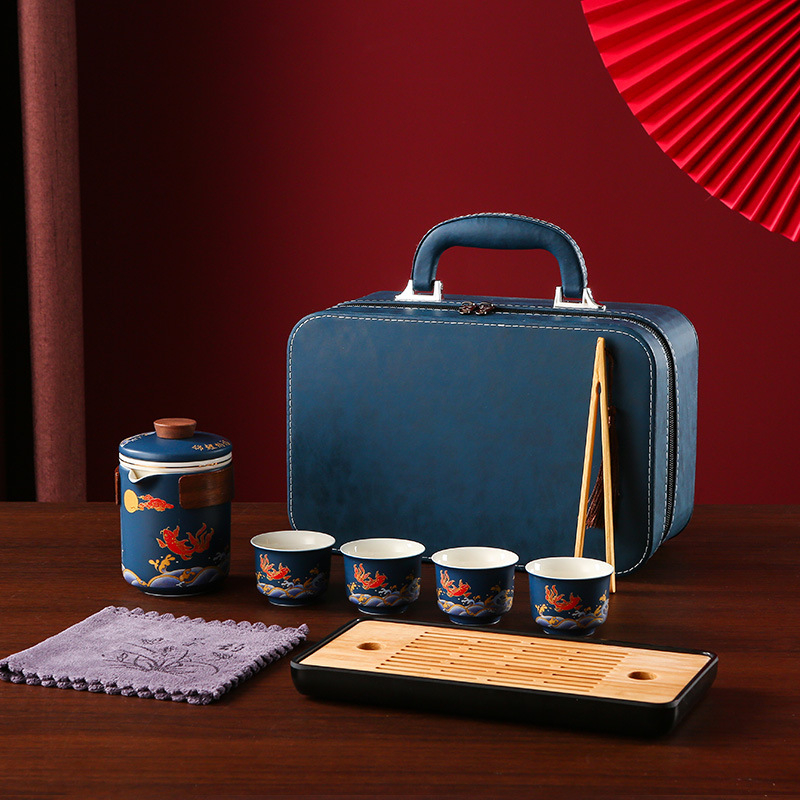 Set de ceai ceramic Kung Fu în cutie cadou, pentru călătorii, siglă imprimată, design albastru-alb