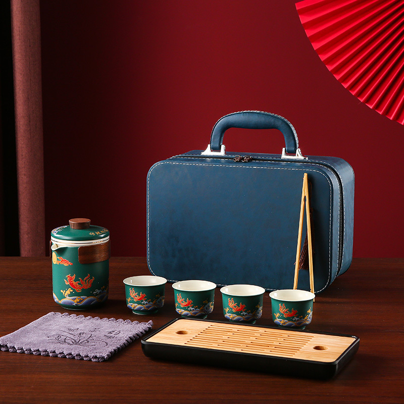 Set de ceai ceramic Kung Fu în cutie cadou, pentru călătorii, siglă imprimată, design albastru-alb