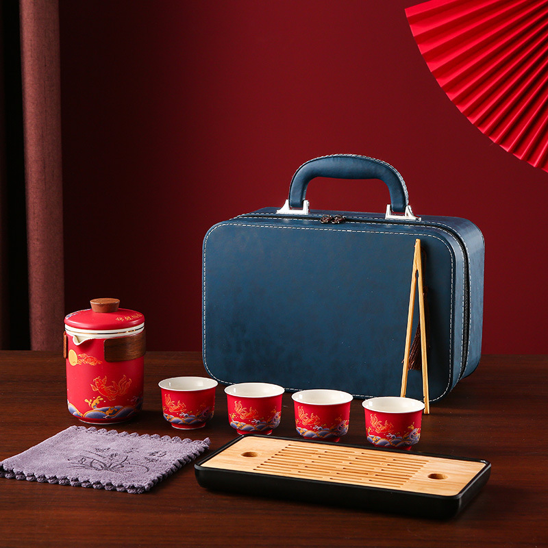 Set de ceai ceramic Kung Fu în cutie cadou, pentru călătorii, siglă imprimată, design albastru-alb